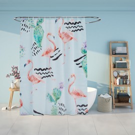 Relaxdays Flamingo Shower Curtain, 180 x 200 cm, Anti-Mould, Washable, 12 Rings, Bath Curtain, Multicoloured