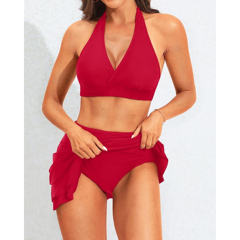 Yonique Bikini de cintura alta con falda para mujer, traje