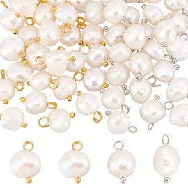PH PandaHall 50pcs Natural Freshwater Pearl Charms, Pearls Dangles Charms 13mm White Pearl Pendant Irregular Pearl with 2 Colours Loop Jewellery Connector for DIY Dangle Earring Necklace Bracelet