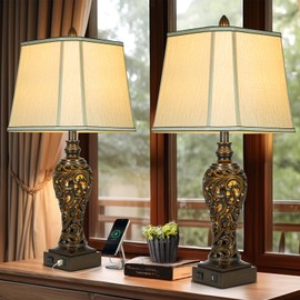 28.5" high Vintage Brown Table Lamps Set of 2 - Bedside Lamp with Faux Silk Shades - for Bedroom and Living Room with USB and Nightlight - Perfect for Nightstands and Bedrooms (Led Bulb Included)