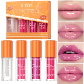 4 Color Tinted Lip Oil, Moisturizing Crystal Jelly Lipstick, Lip Plumper Lipgloss, Long Lasting Shimmer Plumping Lip Gloss For Women and Teenage Girl