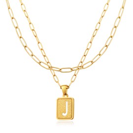 LETFLY Initial Gold Necklaces for Women, 18K Gold Plated Letter Layering Necklace Square Shaped Pendant with Adjustable Paperclip Chain for Womens Jewelry Gifts Alphabets J