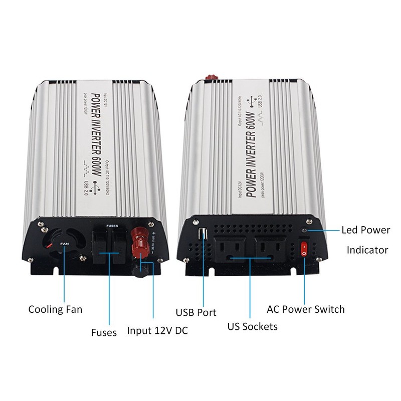 E-LION 600W Power Inverter DC 12V，Output 110V-120V AC Car Inverter