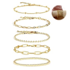 QttvbTna Gold Chain Bracelet Sets, 5 PCS Cuban Alloy Stack Non Tarnish Gold Link Charm Bracelets Set Adjustable Jewellery Link Bead Bracelet Layered Metal Jewelry Gift for Women