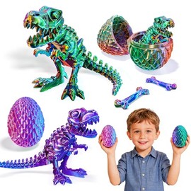 2 Packs Easter 3D Printed Dinosaur Toys for Boys 3-5 Years Skeleton T-Rex Figure with Large Storage Crystal Eggs Easter and Birthday Gifts Fidget Toys for 3 4 5 6 7 8 9 10 11 12 Years Old Boys Girls