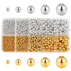 PH PandaHall 2340 Pieces Metal Spacer Beads Round Ball Smooth Beads 5 Sizes Gold/Silver for Bracelets Earrings Necklaces Rings DIY Crafts Jewellery Making