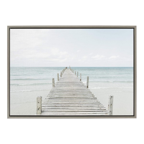 Kate and Laurel Sylvie Wooden Pier On The Beach Framed Canvas by Amy Peterson, 23x33 Gray, Coastal Calming Wall Decor For Your Living Room, Bedroom, Or Bathroom
