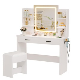 YIKEHOME Vanity Desk with Mirror and Lights, 3-Color Lights Adjustable Brightness, White Vanity Makeup Desk with Drawer & Charging Station, Large Dressing Table Make Up for Bedroom