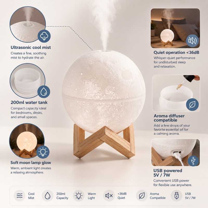 Mini Moon Humidifier for Bedroom Night Use – 200ml Cool
