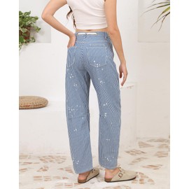 Kedera Barrel Jeans for Women Patchwork Striped Low-Slung Loose Wide Leg Cargo Baggy Pants Y2k Vintage Barrel Jeans Denim Pants Blue