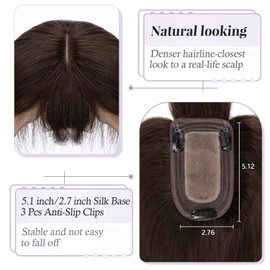 TESS Real Hair Topper Brown 7 x 13 cm Base Toupee Women's #2 Dark Brown with Fringe Hair Topper Real Hair 53 g 45 cm Hair Topper Clip in Hairpiece Extensions