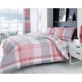 SINGLE Duvet Set Pink Grey Check Quilt Cover Pillow Case x1 Bedding Set