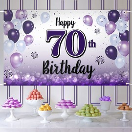 LASKYER Happy 70th Birthday Purple Large Banner - Cheers to Seventy Years Old Birthday Home Wall Photoprop Backdrop,70th Birthday Party Decorations.