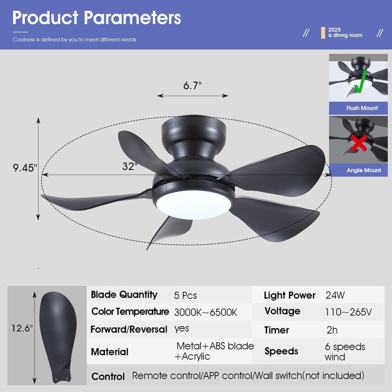 Kviflon 32 Inch Modern Ceiling Fans with Lights, Small Flush