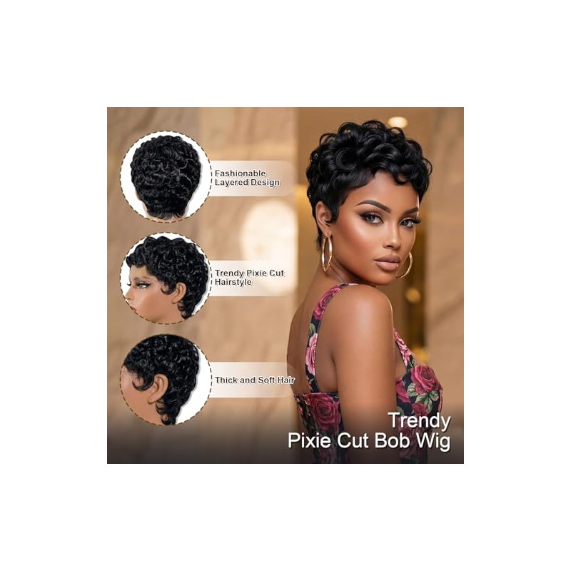 HANASCC Pelucas de cabello humano ultra cómodas con corte Pixie