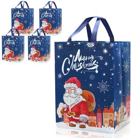 Topeedy 4 Packs Large Size Xmas Gift Bag,41 * 30 * 18cm Christmas Tote Bag with Handles,Reusable Non-woven Shopping Bag with Blue Santa Claus for Christmas Party