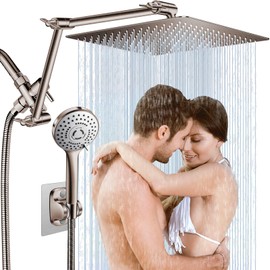 12'' Rain Shower Head Combo, High Pressure Rainfall Shower Head with 16'' Flexible Height/Angle Adjustable Extension Arm, 5 Setting Spray Hand held Shower Head, Nickel