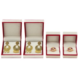 atorakushon Velvet 2 Ring Box With 2 Earring Box Jewelry Organizer Storage Case For Travel Wedding Engagement Ring Box Fit for Women Girl Red