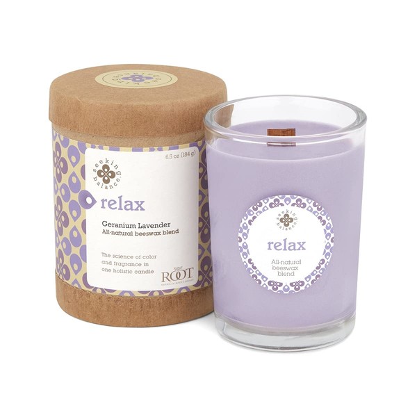 Root Candles Seeking Balance Wood Wick Spa Aromatherapy Candles, 6.5-Ounce, Relax: Geranium Lavender