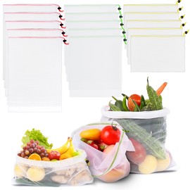 EZGOODZ Reusable Mesh Produce Bags 3 Sizes, Pack of 15 See-Through Reusable Produce Bags Washable, Odorless, Environmentally Friendly Mesh Toy Storage Bags with Colored Drawstrings, Barcode Scanning
