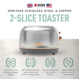 Haden Heritage 2 Slice Wide Slot Stainless Steel Toaster with Adjustable Browning Control & Non-Slip Feet, Steel & Copper