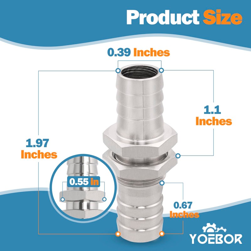 Metalwork 2 piezas 304 acero inoxidable Manguera Barb Fitting, Bulkhead