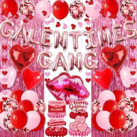 Galentines Day Decorations,63PCS Galentines Gang Balloons and Lip Heart Balloons,Fringe Curtains,Honeycomb Centerpieces for Girls Women Happy Valentine Day Party Supplies Celebrating Ladies Decor