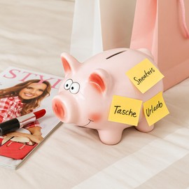 MIJOMA Pig Money Box with Lock - Cute Ceramic Dolomite Money Box - Light Pink - with Key, 16 x 11.5 x 11 cm - Money Gift Packaging for Children and Adults