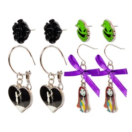Jack Skellington Gothic Jewelry 4 Hypoallergenic Earrings for Girls 2 Stud Earrings 2 Fishhook Fun Earring Sets with Charms One Size Fits All Girls Earrings The Nightmare Before Christmas Gifts Age 4+
