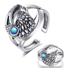 AEONSLOVE Wolf Ring 925 Silver Adjustable Rings for Men Women Wolf and Moon Ring with Moonstone Open Ring Women Thumb Ring, Sterling Silver Sterling silver Moonstone