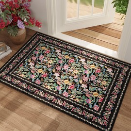Vowkten Door Mat Indoor Entrance 2x3 Rug Machine Washable Vintage Floral Small Area Rug Non-Slip Low Pile Throw Rugs for Entryway, Kitchen, Front Door Indoor Entrance, Entry, Kids Room, Black