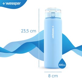 Wessper Wasserfilterflasche, Trinkflasche aus Borosilikat Glas 680 ml, BPA Frei Wasserflasche mit Filter für Kohlensäurehaltige Getränke | Filterflasche Outdoor, Aktivkohle Filter Strohhalm - Blau