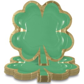Unique Charming Green and Gold Shamrock-Shaped Foil Stamping Paper Dessert Plates - 8.25" (Pack of 8) - Festive Design, Perfect for St. Patrick's Day and Spring Celebrations