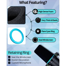 RhymKawa SM7b Foam Cover for Shuer SM7B, MV7 POP Filter RK345 Replacement, Windscreen with Colored Retaining O-Ring Identified Seat (Cyan)