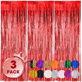 Voircoloria 3 Pack 3.3x8.2 Feet Red Foil Fringe Backdrop Curtains, Tinsel Streamers Birthday Party Decorations, Fringe Backdrop for Graduation, Baby Shower, Gender Reveal, Disco Party