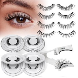 QUEWEL 4 Pairs Magnetic Eyelashes Natural Look, Reusable Magnetic Eyelashes with Applicator, No Glue Needed Lash Clusters Kit, Easy to Wear and Remove(4 Pairs-C01)