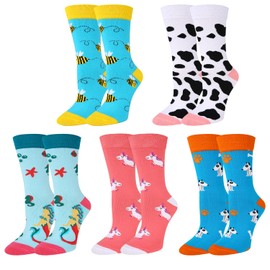 Womens Novelty Funny Crew Socks Girls Cute Floral Colorful Patterned Socks Silly Funky Casual Cotton Flower printed Socks Unique Small Mother's Day Gifts，5 Pack-animal(dog Mermaid Unicorn Cow Bee)