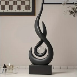 NEW Abstract Black Spiral Flame w Clear Ball. Resin Figurine Sculpture 12hx4wx2d