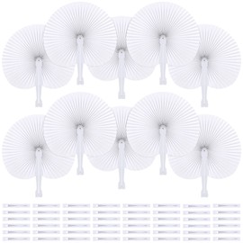 Aodaer Paquete de 60 ventiladores redondos plegables de papel blanco con asas de plástico, ventiladores de mano para bodas y fiestas