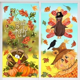 Quera Thanksgiving Window Clings Turkey Window Stickers Autumn Window Decals Pumpkin Maple Leaves Scarecrow Window Decorations for Fall Harvest Party Supplies Home Office Window