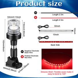 Rossesay White LED Boat Stern Light with 2 Pcs 8.2ft Extra Cables All Round 12-24v, and 2 Pcs Navigation Lights LED Anchor for Boats Red and Green Running Marine(6 Inch)