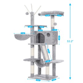 Hey-brother Cat Tree, 53 inch Cat Tower for Indoor Cats, Cat House with Padded Platform Bed, Toy Balls, Large Cozy Condo, Hammocks and Sisal Scratching Posts, Light Gray MPJ019-SW