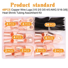 Taukealugs 48PCS Battery Terminal Connectors Cable Ends,AWG 1/0 2/0 3/0 4/0 Crimp Copper Wire Ring lugs with Heat Shrink Tubing Assortment Kit
