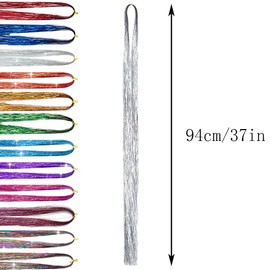 TRKETK Pack of 12 Colourful Hair Extensions, 37 Inch Glitter Hair Extensions, Fairy Hair, 12 Colours, Tinsel Hair Extension, 1200 Strands, Heat Resistant for Women, Girls, Party, Cosplay Accessories