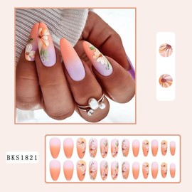 Vezocim Artificial Glossy Flower Fake Nails Sets, Press on Nails Medium Length, Acrylic Fingernails Oval False Nails with Floral Designs, Full Cover Reusable False Nails Glue on Nails for Women