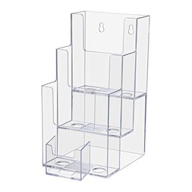 Marketing Holders 4"W Brochure Holder 3 Tier Wall Mount or Countertop with Attached Vertical Business Card Pocket Literature Printed Material Take One Maps Multi Slot Display