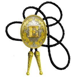 Moranse Golden Western Bolo Tie Initial Letter A to Z in Round Flower Nursery Cowboy with Cowhide Rope Necktie Necklace(E)