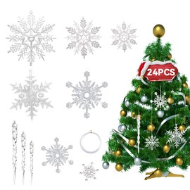24pcs Crystal Christmas Tree Ornaments, Decorations Hanging Acrylic Snowflake and Icicle Ornaments with Drop Pendants for Christmas Tree Party Decorations，Winter Wonderland Decorations