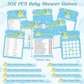 Jetec 302 Piezas Patos de Goma Amarillos Juegos De Baby Shower 6 Juegos 50 Hojas Cada una Juego de Bingo Búsqueda de Palabras Predicciones y Consejos The Price is Right Guess Who (Pato)