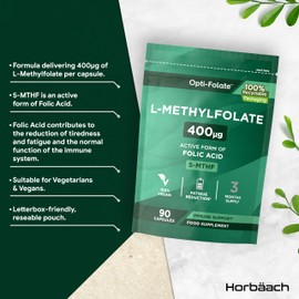 L Methlyfolate 400ug | 90 Vegan Capsules (3 Months Supply) | Active Form of Folic Acid | 5-MTHF | No Artificial Preservatives | by Opti-Folate